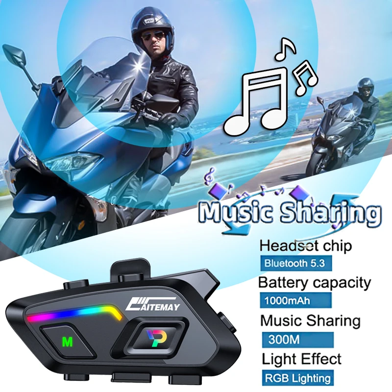 

Support Music Sharing Motorcycle Helmet Headset Wireless Hands-free call Kit Noise Reduction RGB Light Waterproof Moto Earphone