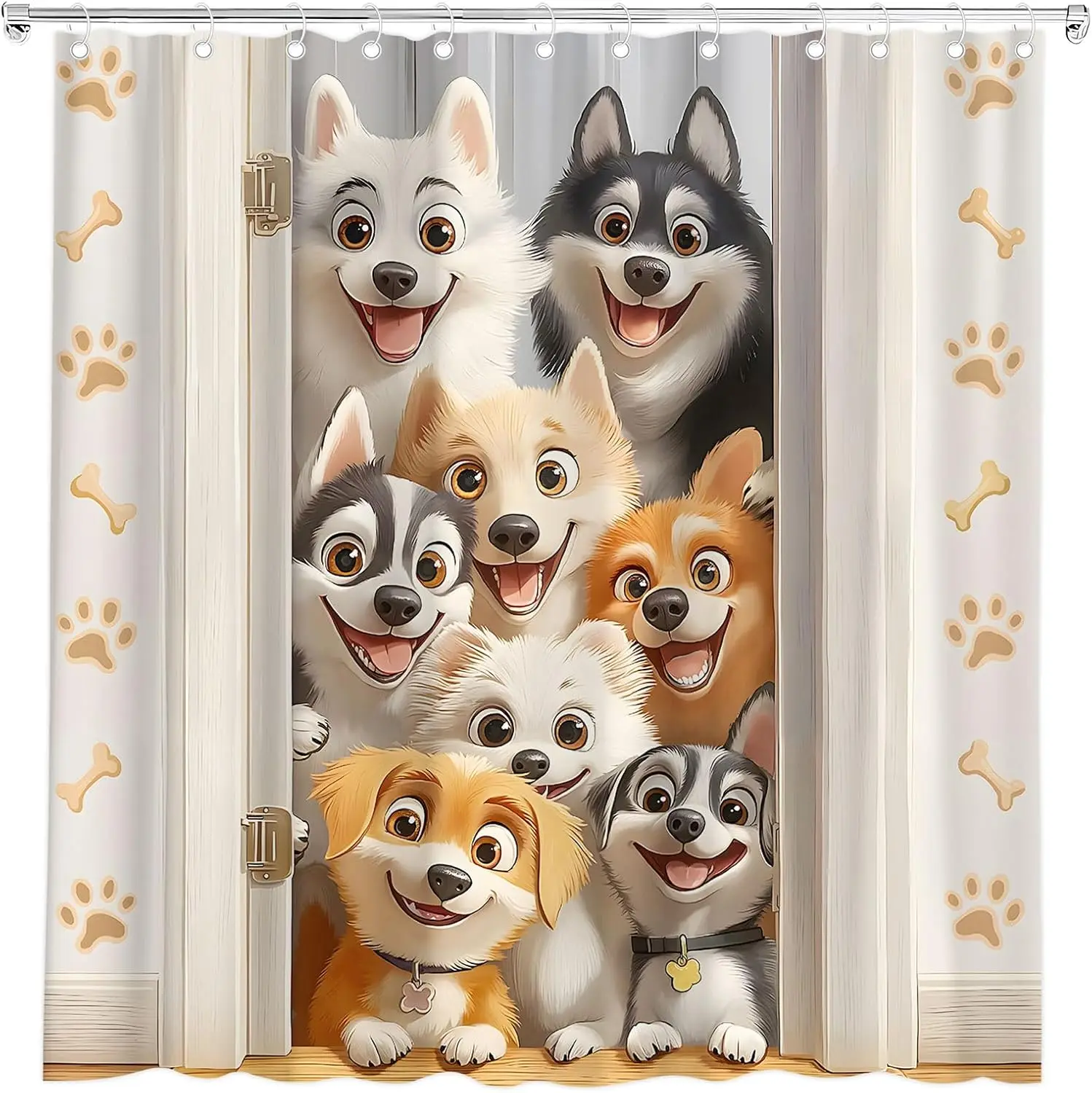 

Funny Dogs Shower Curtain Cute Cartoon Animal in Farmhouse Wildlife Wooden Board Bath Curtain Fabric Bathroom Accessories Decor