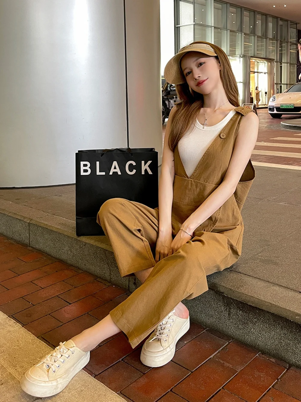 طقم وزرة نسائية فضفاضة على الطراز الكوري صيفي كاجوال قطعة واحدة قصيرة مقاس كبير ألياف بوليستر مريحة