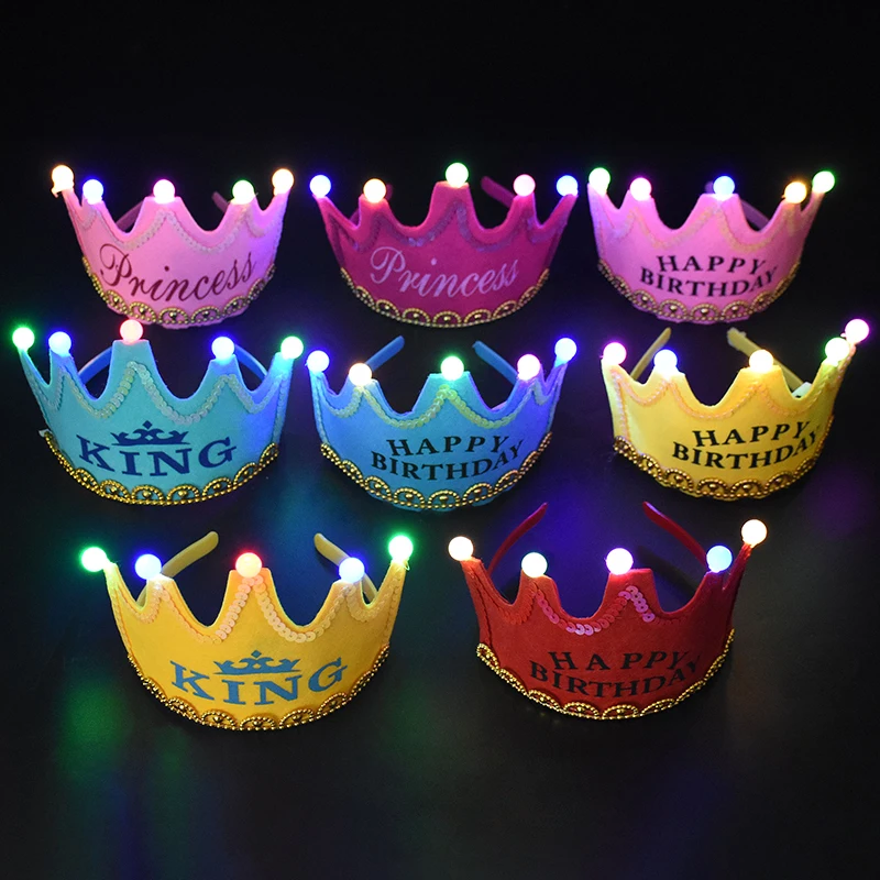 LED Crown Headband Happy Birthday Cap Girl Boy Luminous Hat Headband for Adult Kids Birthday Party Photo Props Decor Baby Shower