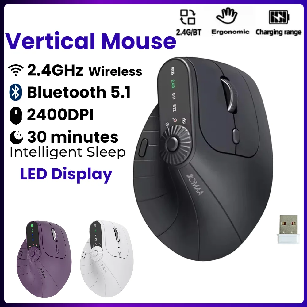 Vertical Wireless Mouse 2.4G Ergonomic 2400DPI Bluetooth-Compatible for MacBook Tablet Laptops Computer PC Mice Rechargeable