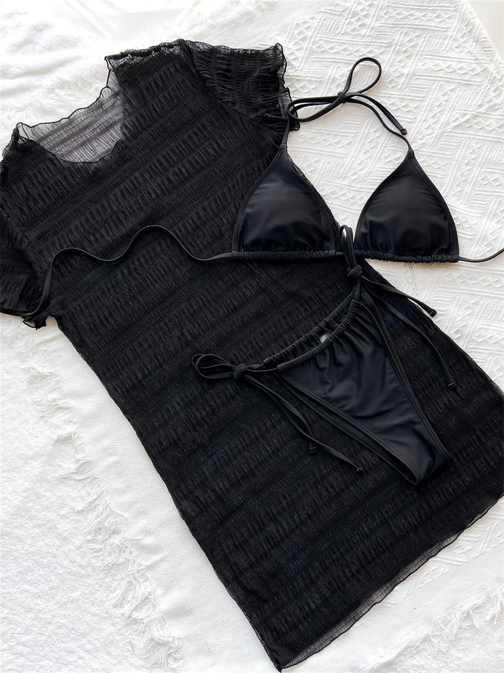 

Black Mesh Bikini Dress Triangle String Extreme Swimsuit Vacation Swimwear Cover Ups Women Micro Thong Bathing Suit Beach Outfit