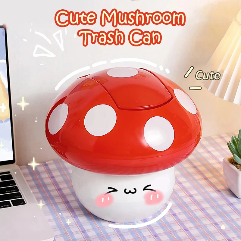 Red Mushroom Table Desk Binwastebaske Cute Garbage Can Waste Bin With Lid Detachable Collect Rubbish Mini Household Accessories
