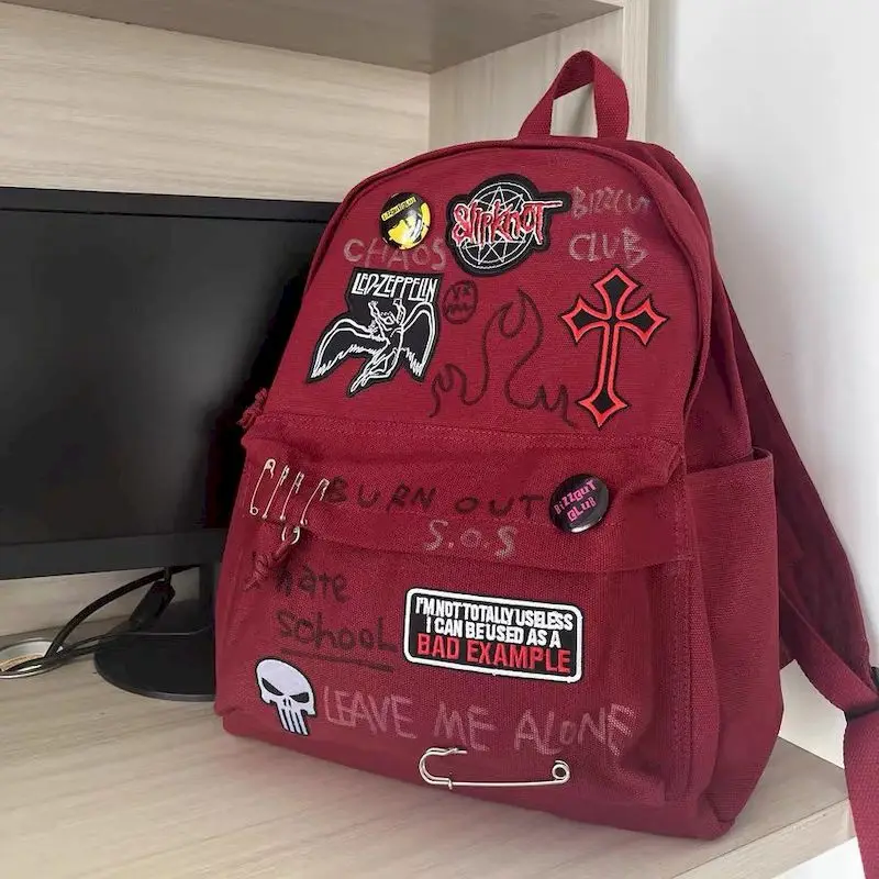 Wine Red Rock Punk Y2K Backpacks Student Large Capacity Casual Backpack For Men And Women 2024 New In Bag