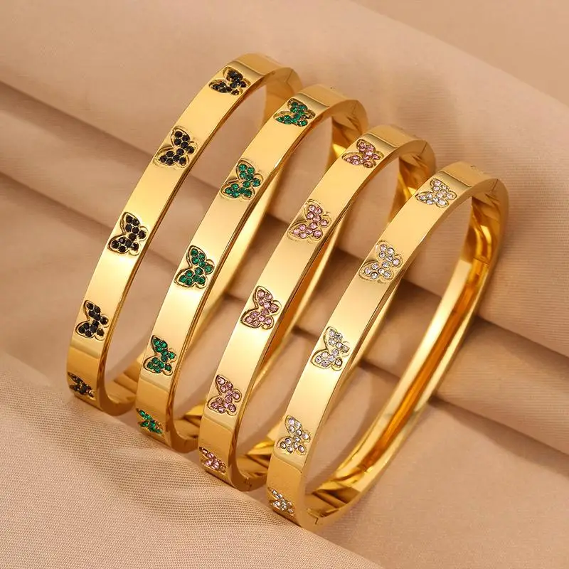 Trendy Butterfly Zircon Bracelet Golden Stainless Steel Bracelet for Women Girls Elegant Daily Wear Party Stackable Jewelry Gift