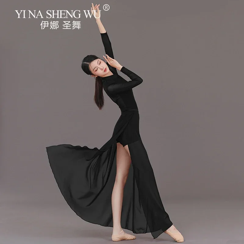 Damski strój do tańca, długi rękaw, klasyczny chiński strój ludowy, kostium do tańca, strój do egzaminów artystycznych, strój do ćwiczeń, długa spódnica z wysokim rozcięciem.