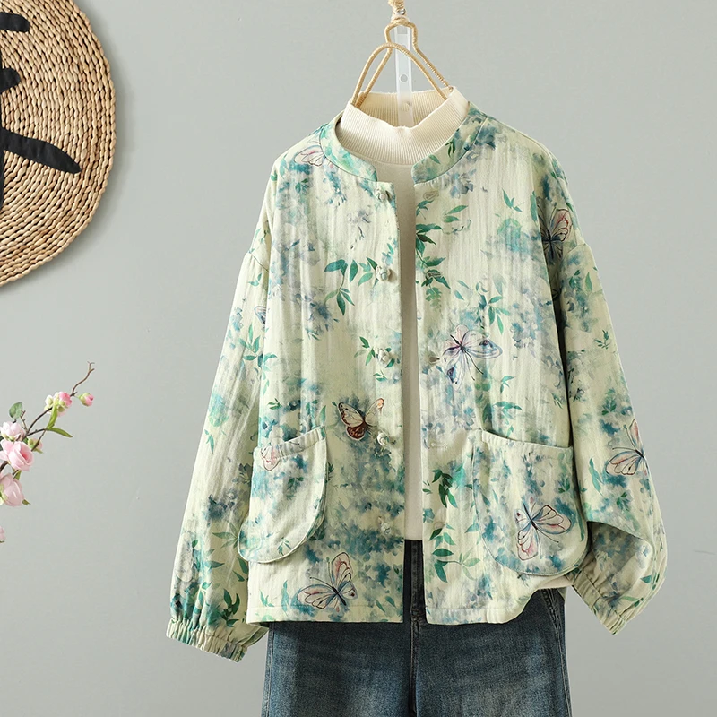 Retro Floral Print Loose Fit Stand Collar Jacket Button up Outerwear Casual Versatile Women's Short Coat Polyester Fiber