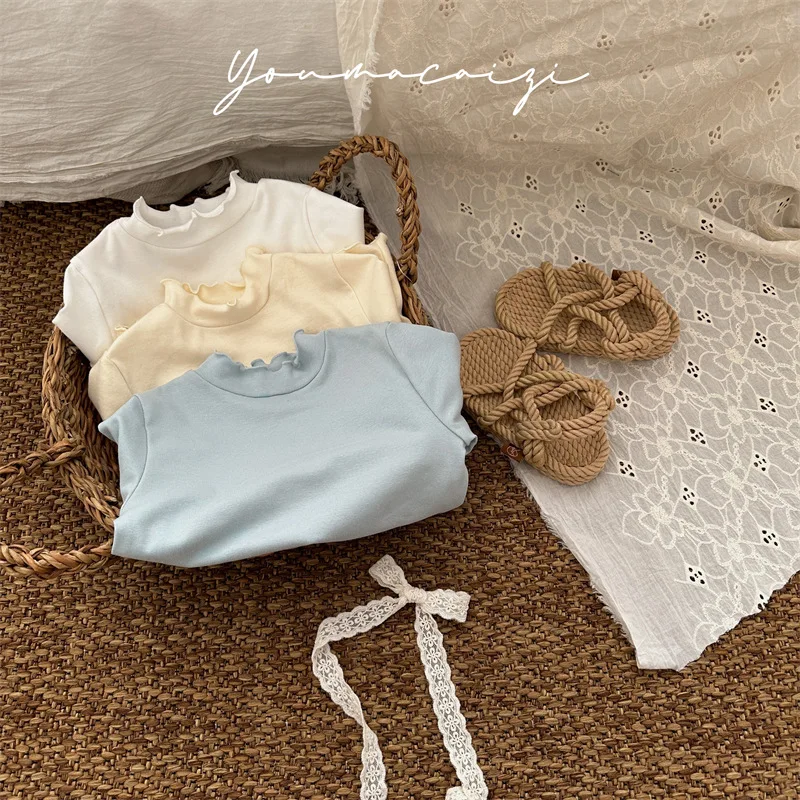 

Girls T-shirts 2025 Autumn Spring Korean Style Solid Cream Color Stretch Ruffles Turtleneck Long Sleeve Base Layer Top