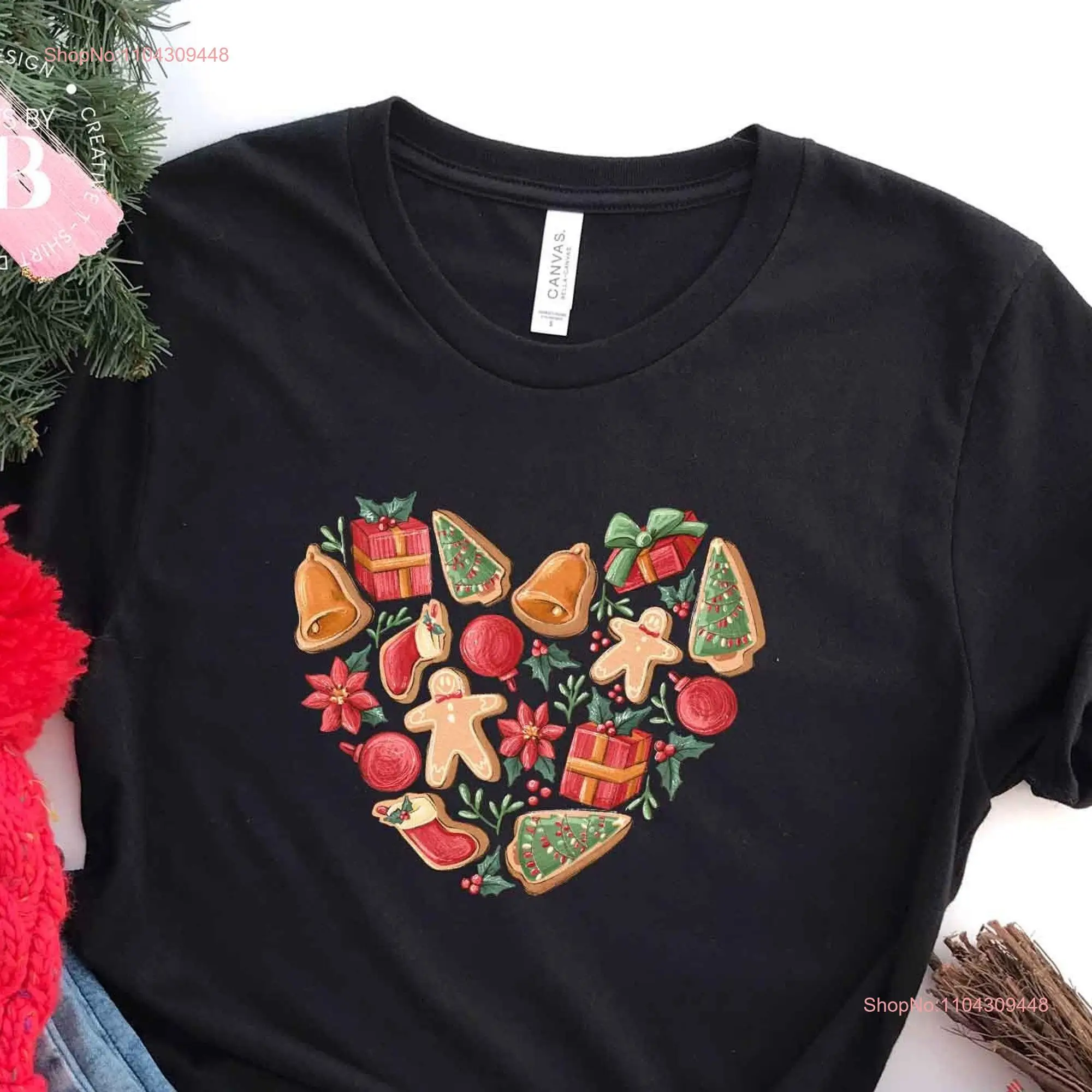 Christmas HearT T Shirt Holiday Merry Gingerbread Santa Claus long or short sleeves