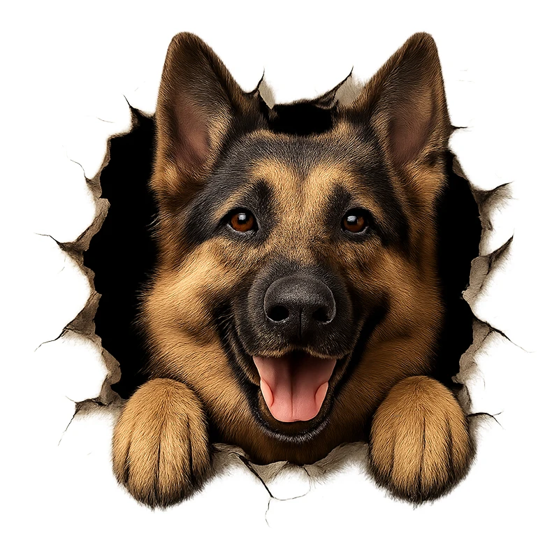 3D German Shepherd “Wall Break” Car Sticker – Realistic Funny Dog Decal for Cars, Windows, Laptops & Home Decor
