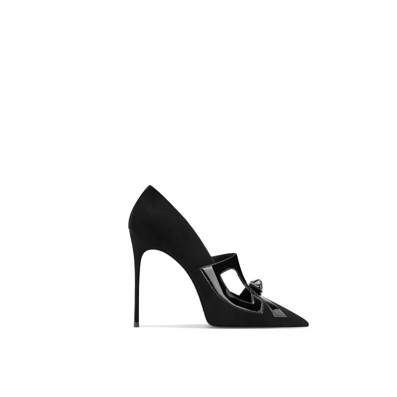 Women Black Genuine Leather High Heels Pointed Toe Bow Dress Shoes Spring