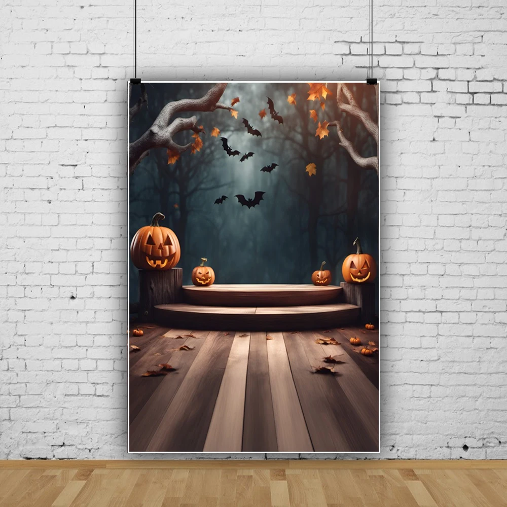 Halloween Pumpkin Lantern Wooden Floor Background Fall Leaves Bat Scary Scene Photography Backdrop Halloween Theme Supplies