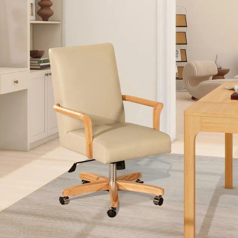 Modern Farmhouse High Back Executive Office Chair, Cream Beige Leather & Natural Wood