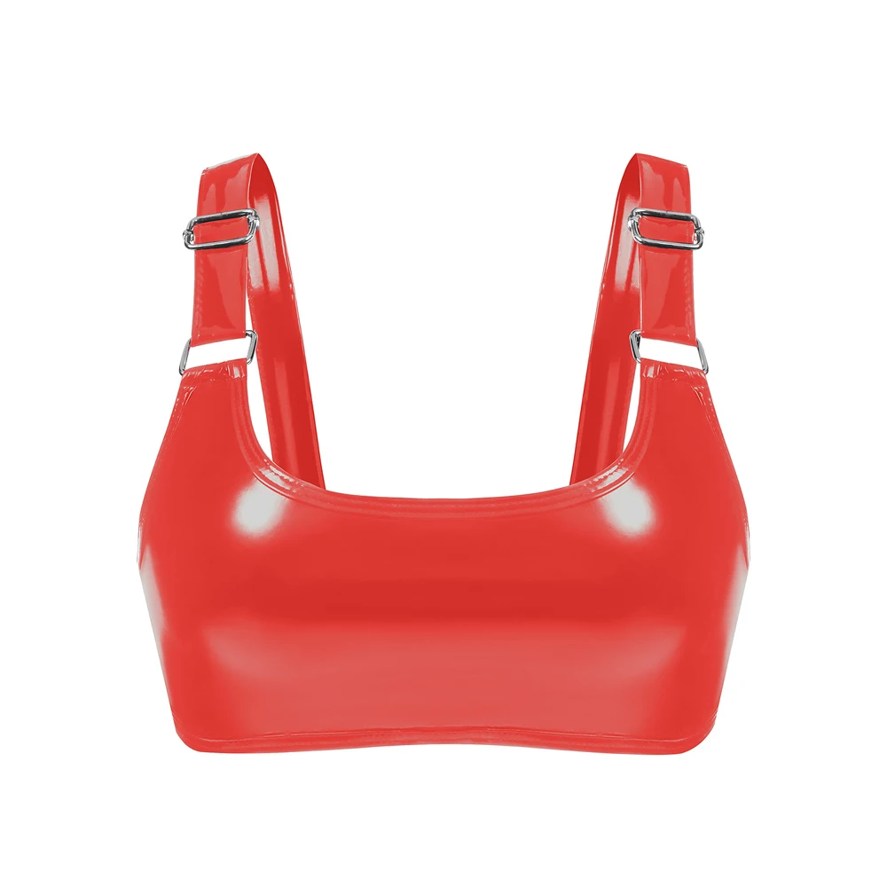 Neues Halfter-Top aus glänzendem PVC-Kunstleder, Bustier-Top, Bikini-Crop-Tops, kurzes Croptop, sexy BH, Clubwear, ärmellose Camisole – Detail 6