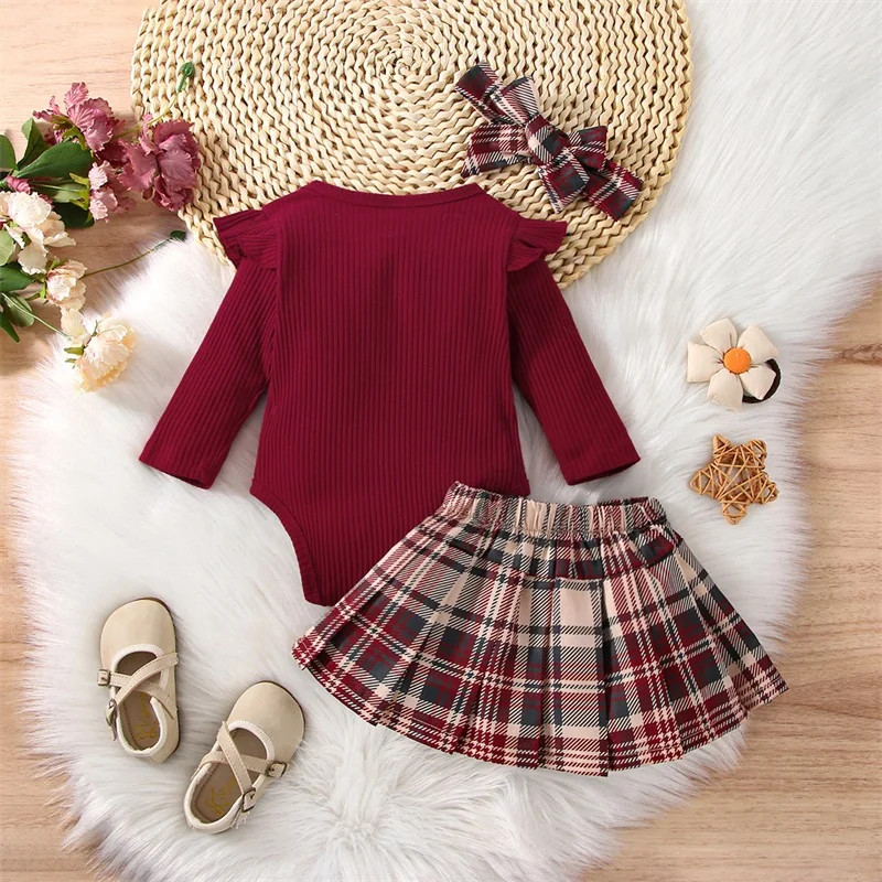 Infant Toddler Baby Girl Fall Winter Outfits Long Sleeve Romper Knitted Bodysuit with Plaid Skirt 2Pcs Christmas Outfits