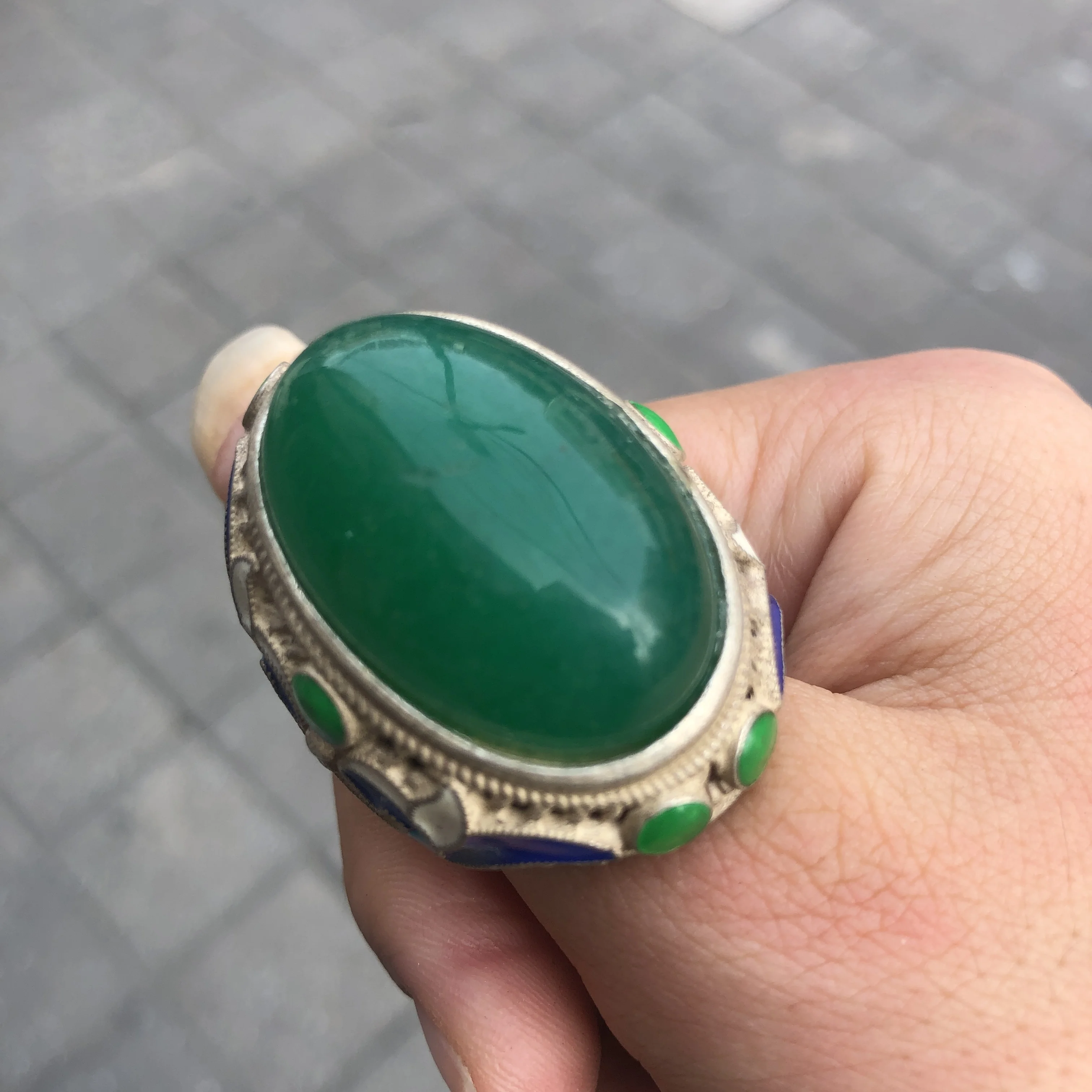 Vintage Qianlong Mark Chinese Silver Ring, Cloisonne Enamel Filigree Ring Inlaid Oval Green Jade Cabochon, Antique Adjustable Me