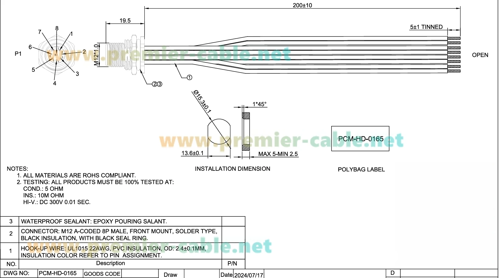 M12 A-Code 8-Pin Steckerkabel IP67 Wasserdicht Frontplattenmontage Sensoranschluss Vormontiertes Pigtail-Elektrokabel – Detail 1
