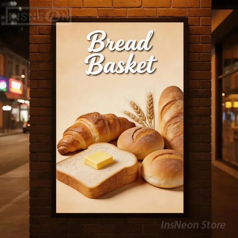 Bread Basket Wall Mount LED Poster Lightbox, Custom Framed Illuminated Signage for Bakery Shop Outdoor Advertising Decor