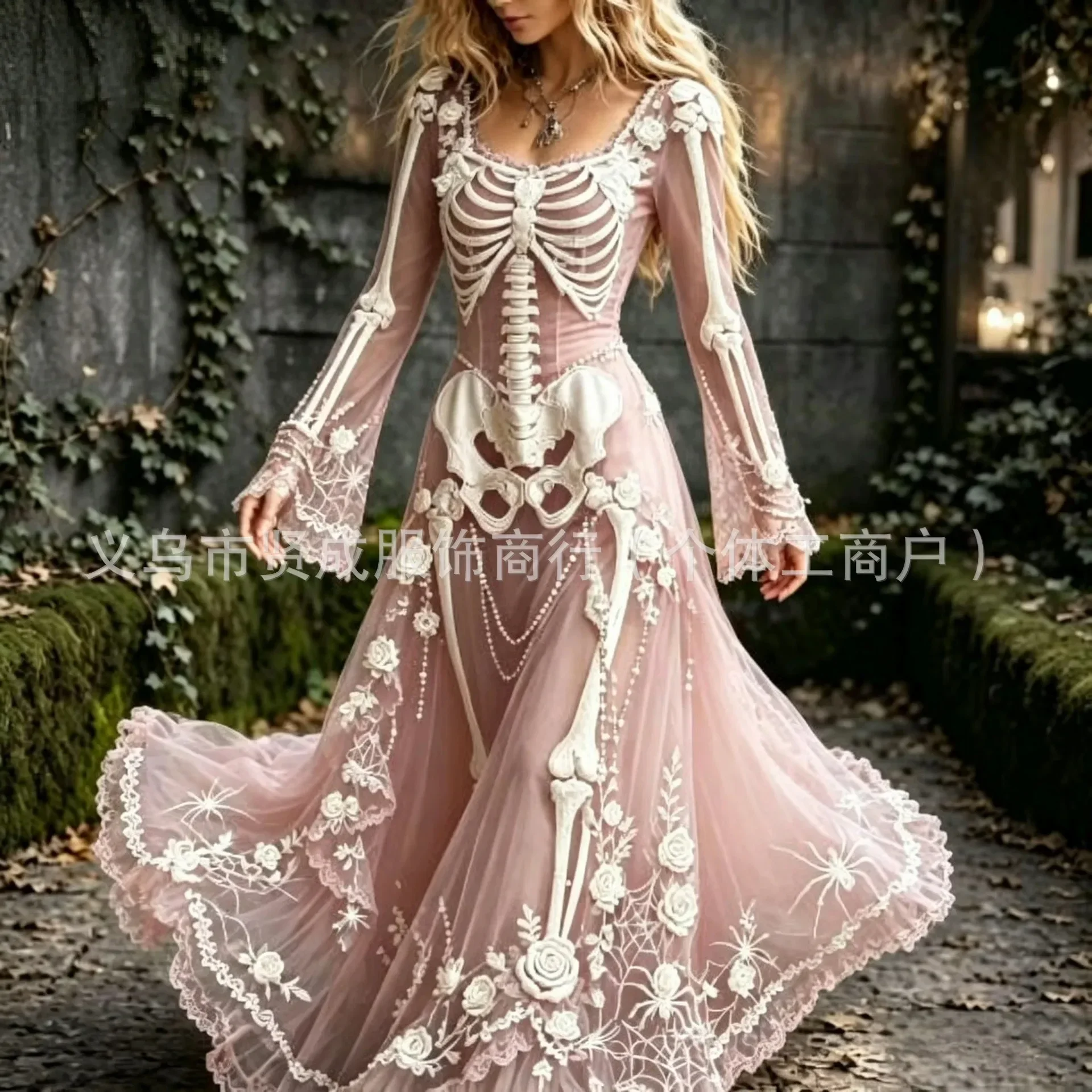 Women's Gothic Skull & Rose Maxi Dress – detail image 1