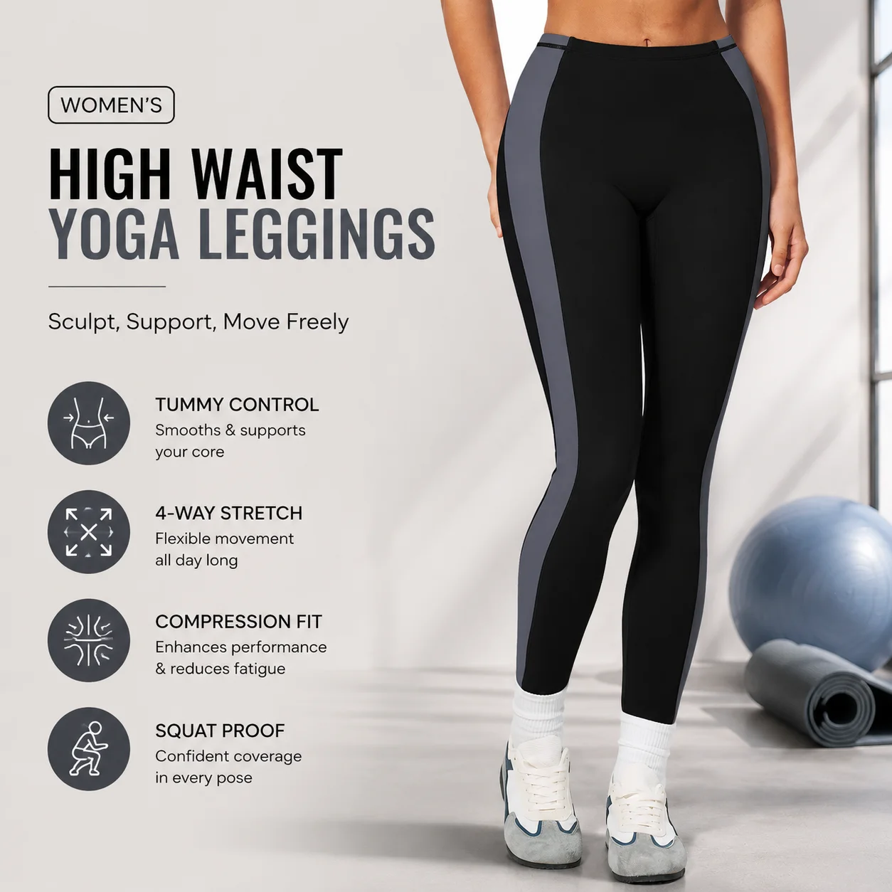 Women's High Waist Color-Block Side Panel Yoga Leggings Tummy Control Compression Workout Pants Squat Proof Gym Tights