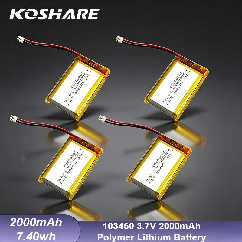 KOSHARE 103450 3.7V 2000mAh Li-Polymer Rechargeable Battery Jst PH 2.0mm 2pin Plug For Security Camera MP5 Bluetooth Headset