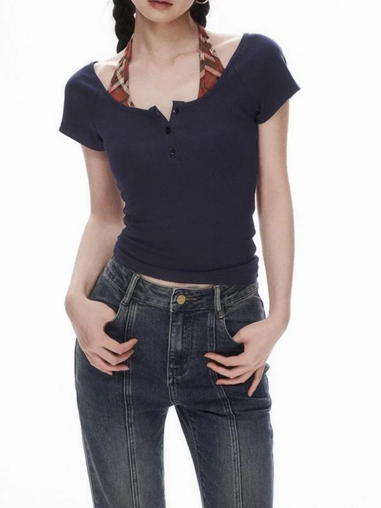 Falso duas peças retalhos halter colheita topos y2k estética único breasted vintage t 2025 verão grunge bottoming camiseta feminina