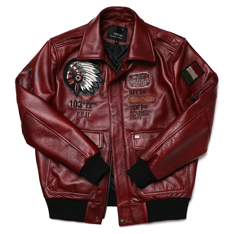 2024 New Indian Embroidery A2 Flying Pilot Suit Genuine Leather Jacket Men\'s Cowhide Aviator Jackets 100% Red Clothing