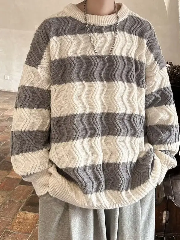 

Мужской свитер в американскую полоску в стиле ретро, повседневная свободная вязаная верхняя одежда, осень-зима, новинка, студенческий модный бренд, круглый Ne