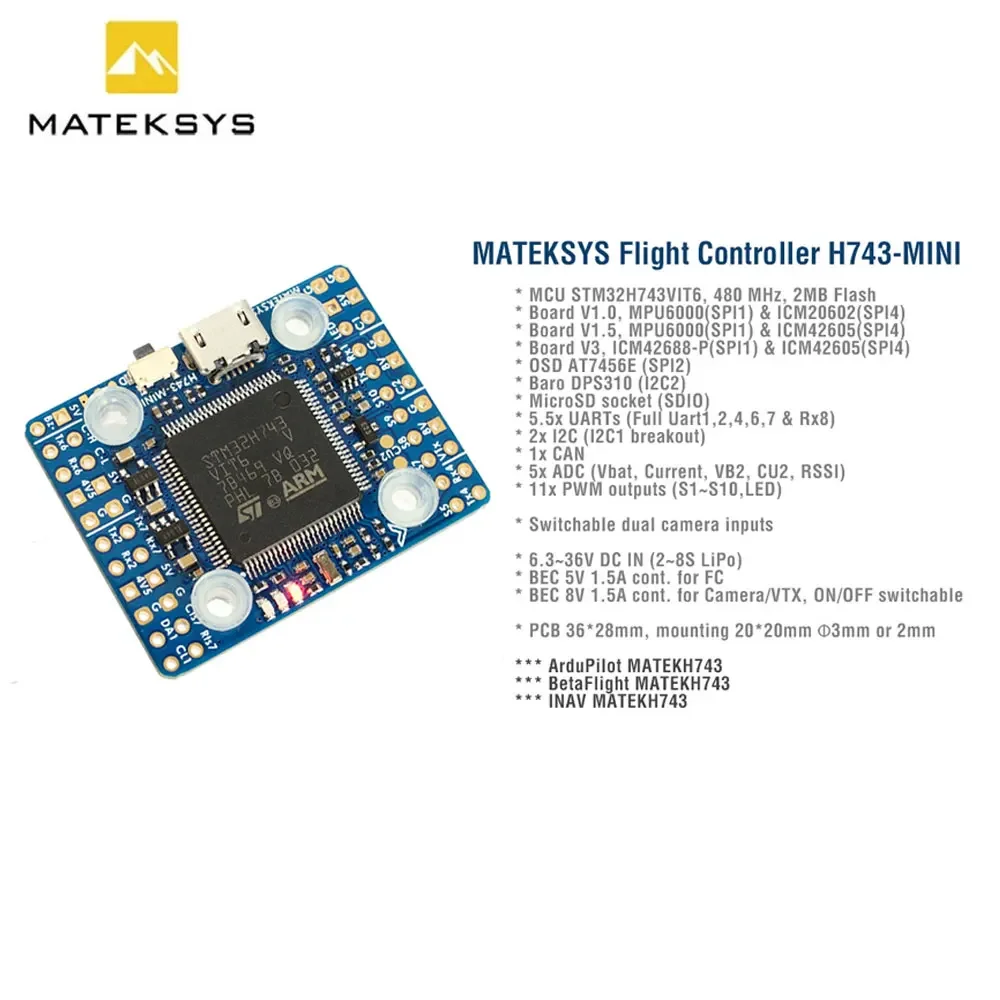 Matek H743-MINI V3 FC H743 controlador de vuelo 20x20mm ICM42688P ICM42605 OSD integrado 11 PWM 2-8S Lipo para Dron de carreras con visión en primera persona