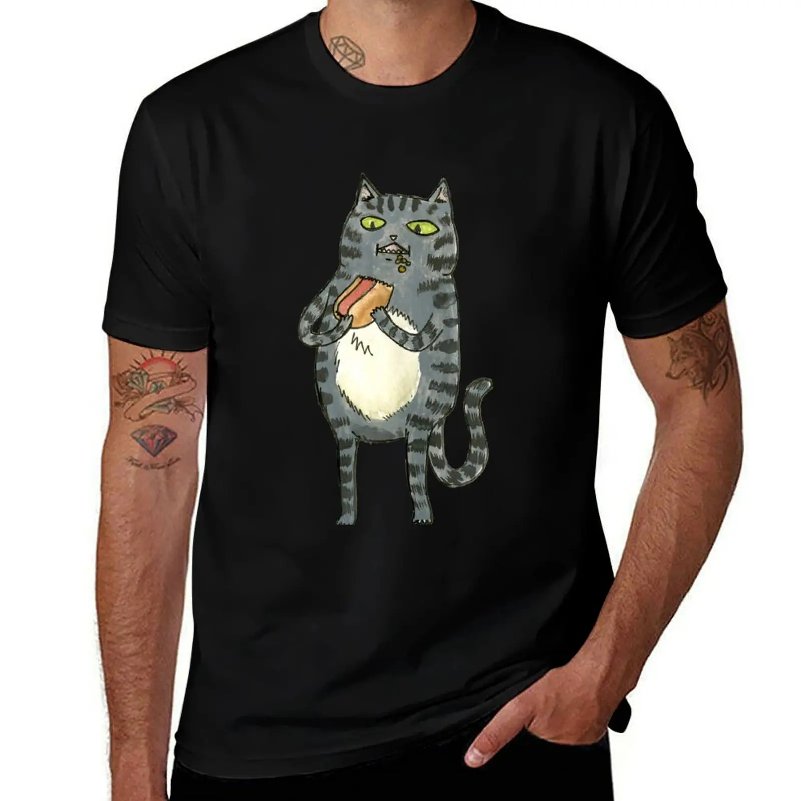 A feline enjoying a frankfurter T-Shirt customs design your own affliction shirts mens shirts graphic tee