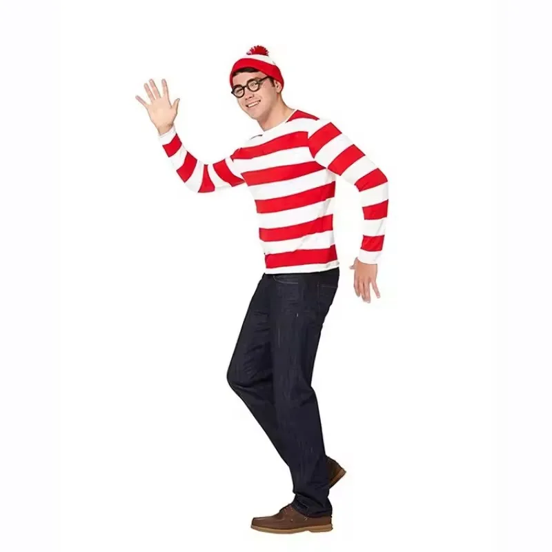 Anime Cartoon Wheres Wally Cosplay Costumes Stripe T-shirt Glasses Hat Set Kids Adult Woman Man Halloween Party Cosplays Waldo
