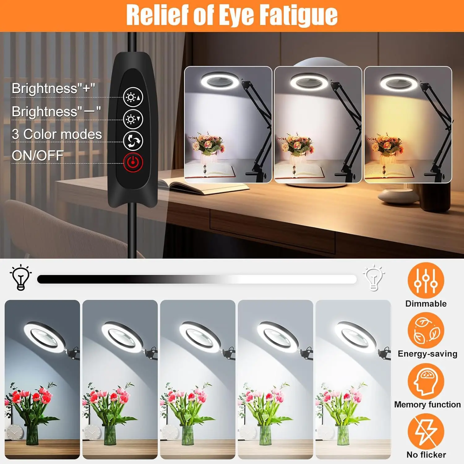 10X LED Magnifying Desk Lamp 72 LED 3-Color Dimmable USB Magnifier with Clamp for Nail Art Eyelash Extension Tattoo Beauty Salon