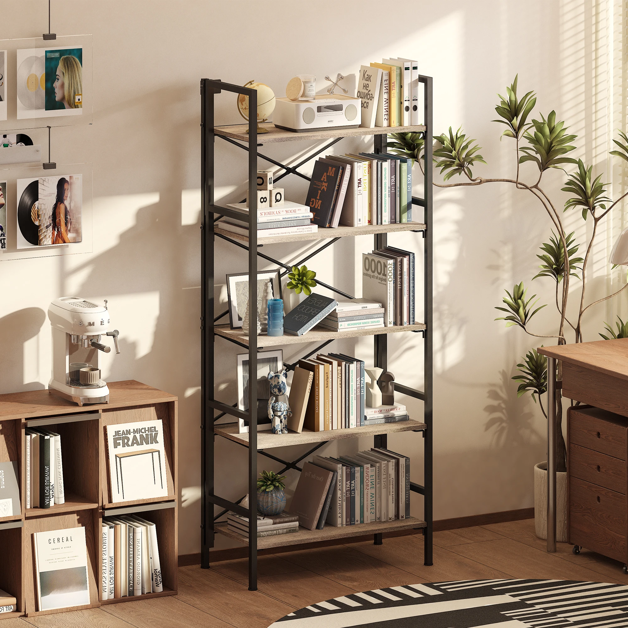 

Wood Folding Bookshelf 5-Tier Foldable Shelf With X-Bracket Design Adjustable Feet Space-Saving Storage For Living Room