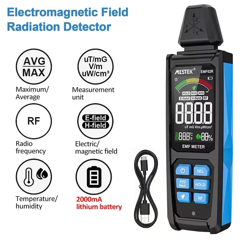 

Electromagnetic Field Meter 30MHz~8GHz Radiation Detector with Ambient Temperature and Humidity Sensor, Rechargeable Radiometer