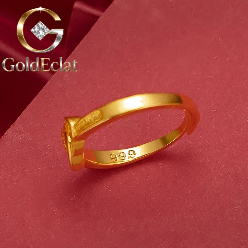 

GoldEclat Double Heart Women's Ring 9999 24K Real Gold Ring Japanese and Korean Fashion Adjustable Women's Love Ring Wedding Ri