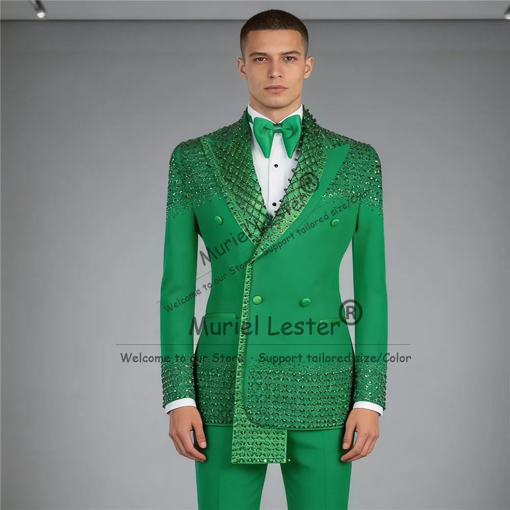 

Metallic Jewelry Stones Ornament Suit Men Double Breasted Style Groom Blazers Customized 2 Piece Wedding Tuxedos Party Outfits