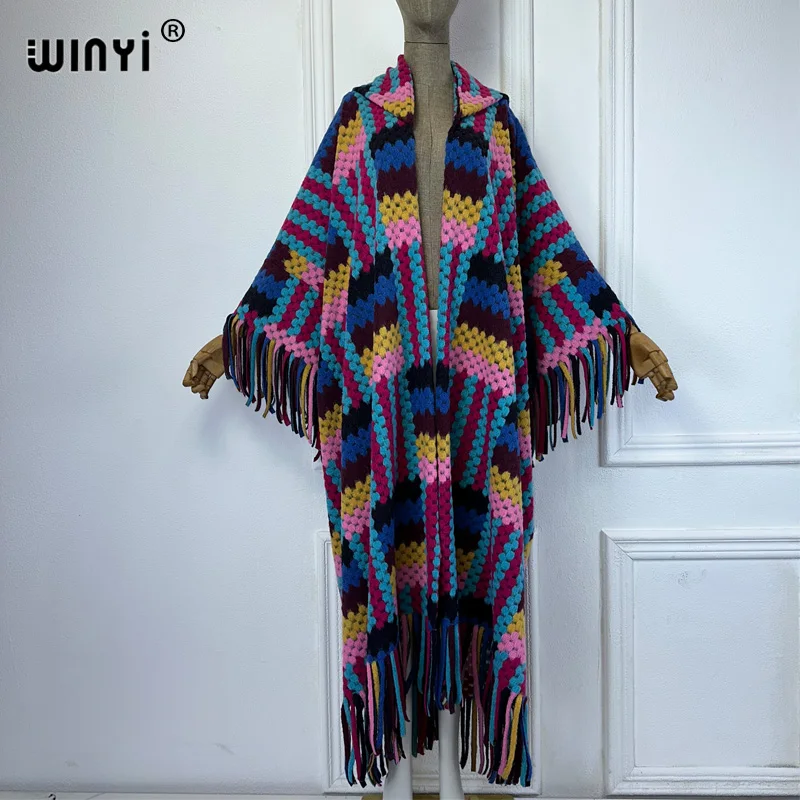 WINYI African Winter color printed tassel hooded cardigan woman abaya outfits for women coat Open Front Kimonos long down poncho