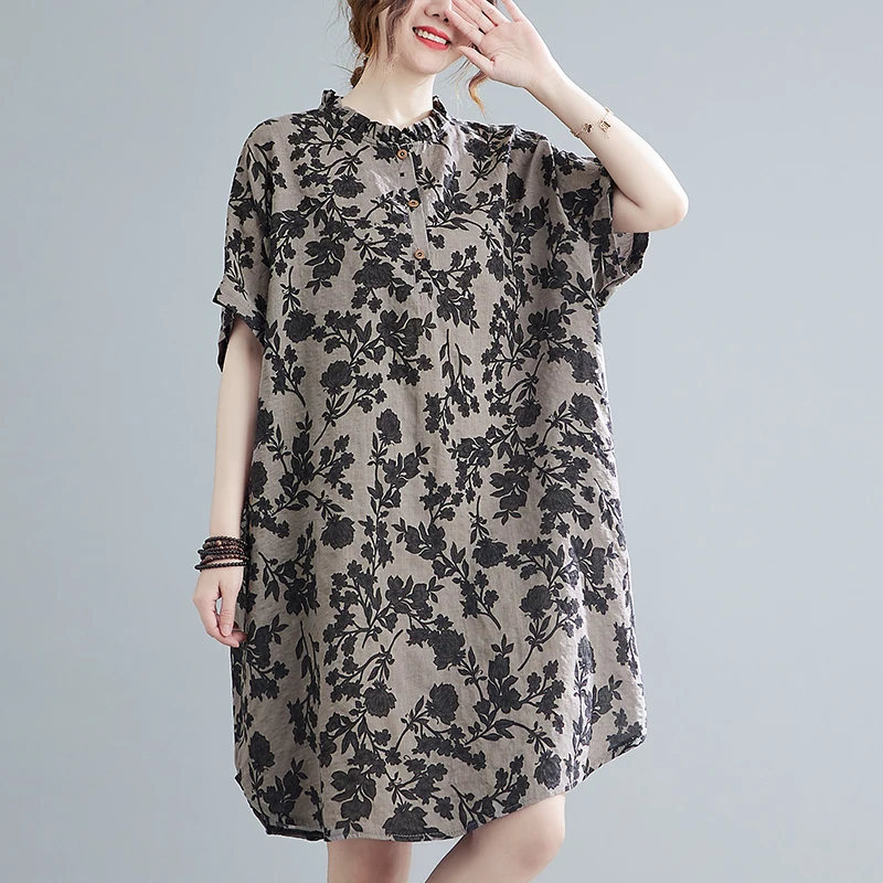 

Plus Size Ele Cotton Linen Print Midi Dr Large Size Women's Summer New Sle Vintage High End Feeling irt Dr Korean Sle