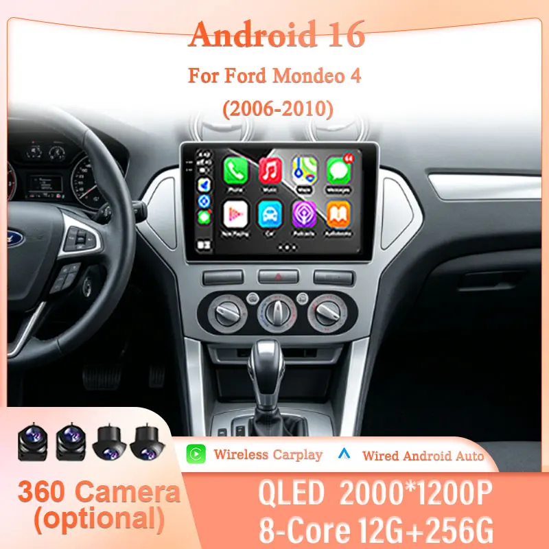 10" Android 16 for Ford Mondeo 4 2006-2010 Car Multimedia Player Wireless CarPlay GPS Navi BT Split Screen QLED Touch Screen LHD