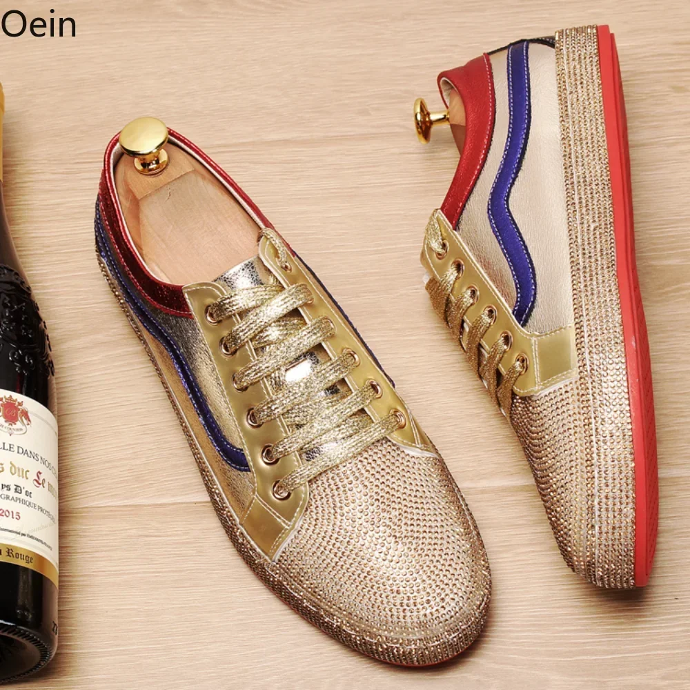 

Mens Round Toe Rhinestones Bling Match Colors Sneakers Lace Up Casual Luxury Designer Shoes PU Leather Gold Sliver