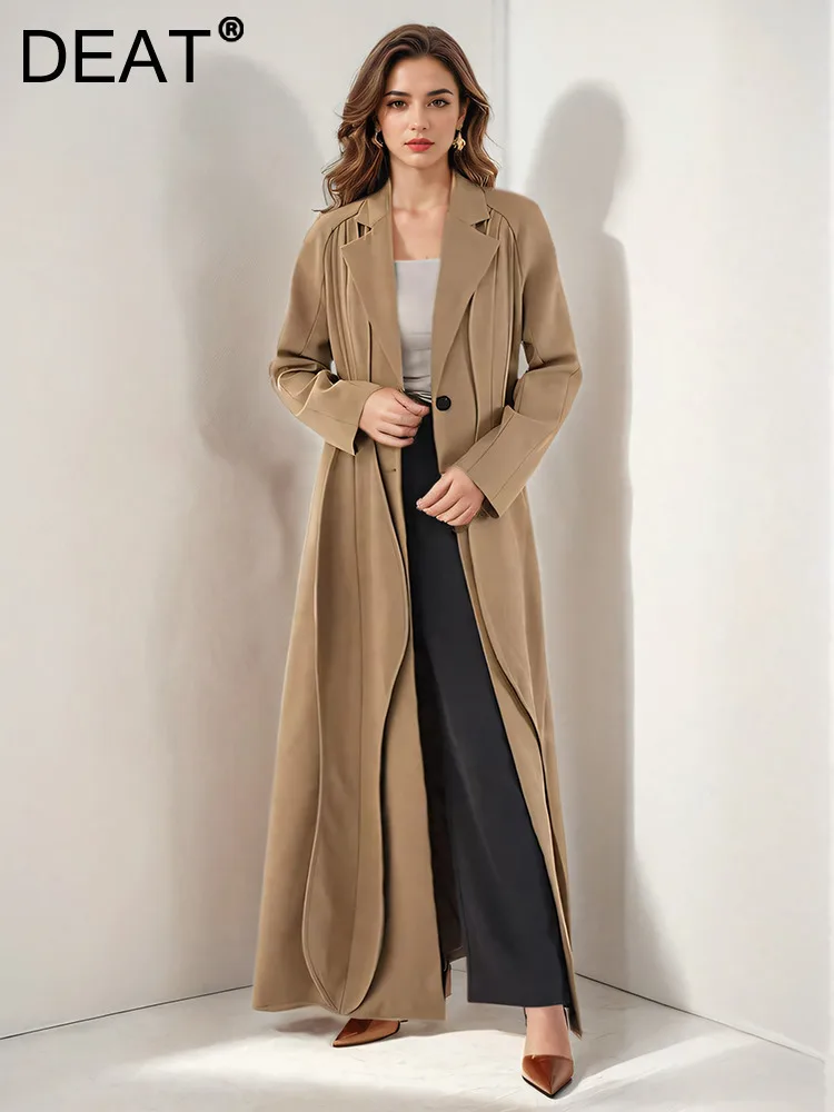 DEAT Women's Fashion Trench Coat Notched Bud Arc Splicing Single Breasted Ankle-length Windbreaker Autumn 2024 New CPDB255