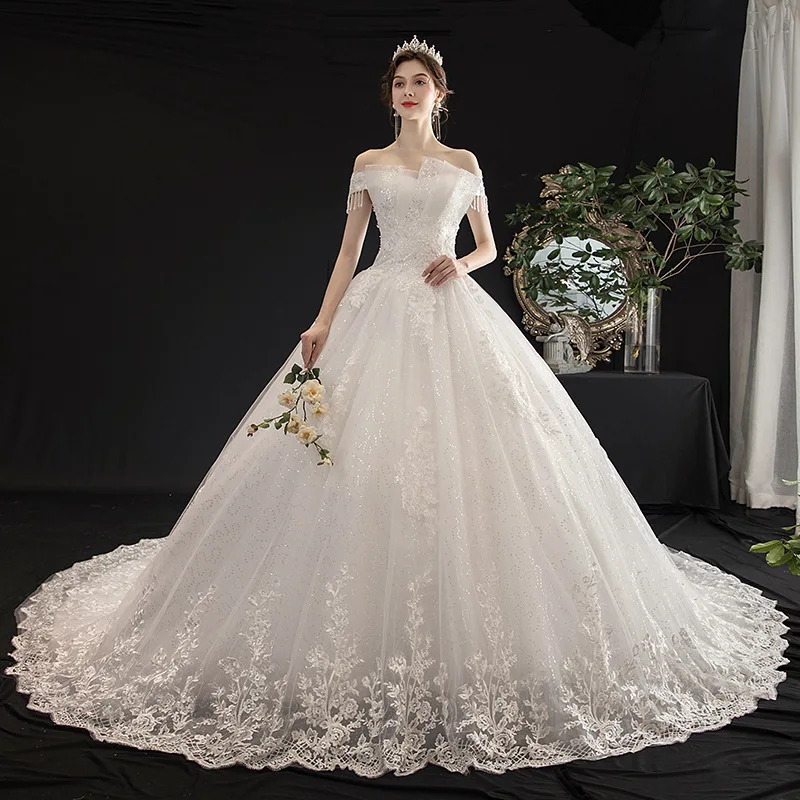 2023 New Off The Shoulder Lace Wedding Dress With Shining Sequin Princess Wedding Gown Plus Size Custom Made Bridal Dresses