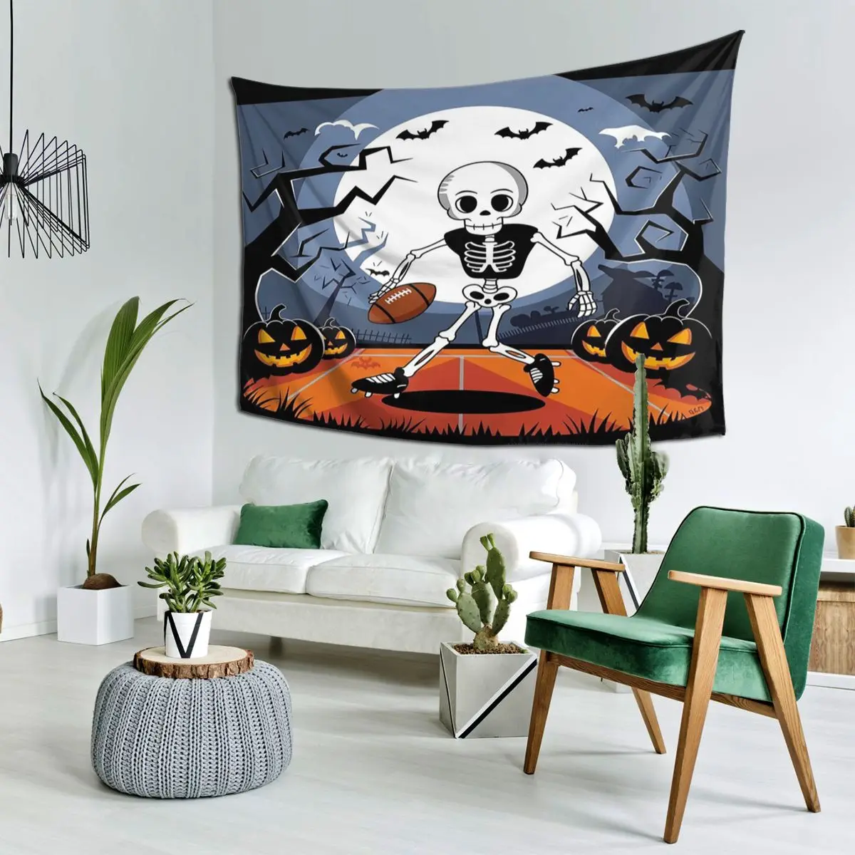 Halloween Skeleton With Ball And Bats Tapestry Funny Wall Hanging Aesthetic Home Decor Tapestries for Living Room Dorm Room