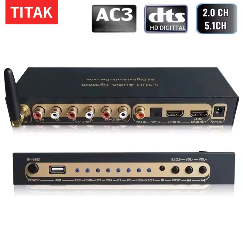 HDMI-compatible Audio Extractor DTS Digital Audio 5.1 DecoderCoaxial SPDIF PC USB Bluetooth5.0 Input ARC for Home Theatre