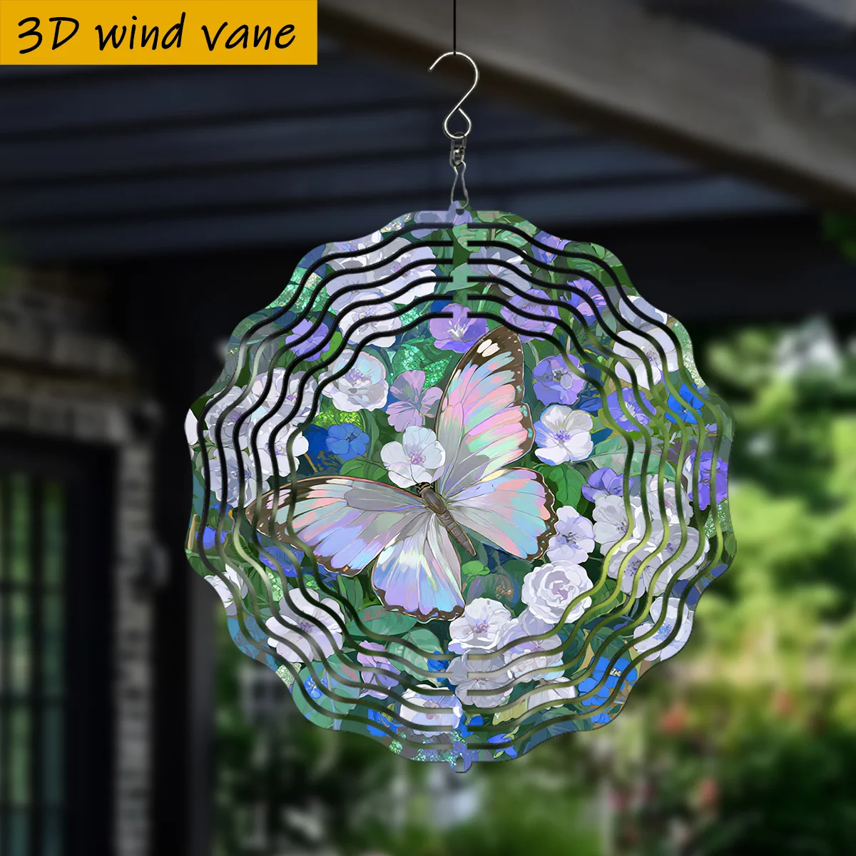 3D Butterfly Flower Garden Wind Spinner - 10 Inch Metal Art with 360 Swivel Hook for Christmas Halloween Garden Patio Gift