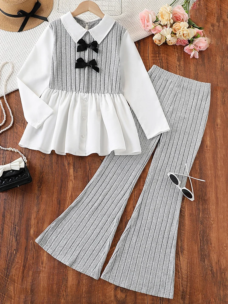 Autumn And Winter Women's And Children's Color Blocked Bow Decoration Shirt Skirt&Solid Color Trumpet Pants Two-Piece Set