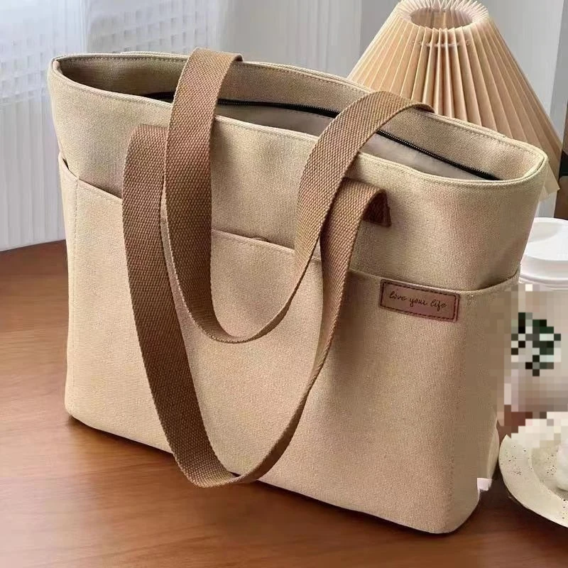 Canvas Tote Bag For Women 2layer Storage Bag Large Capacity Student Commute Carrying Bag Portable Shoulder Handbags Shopping Bag
