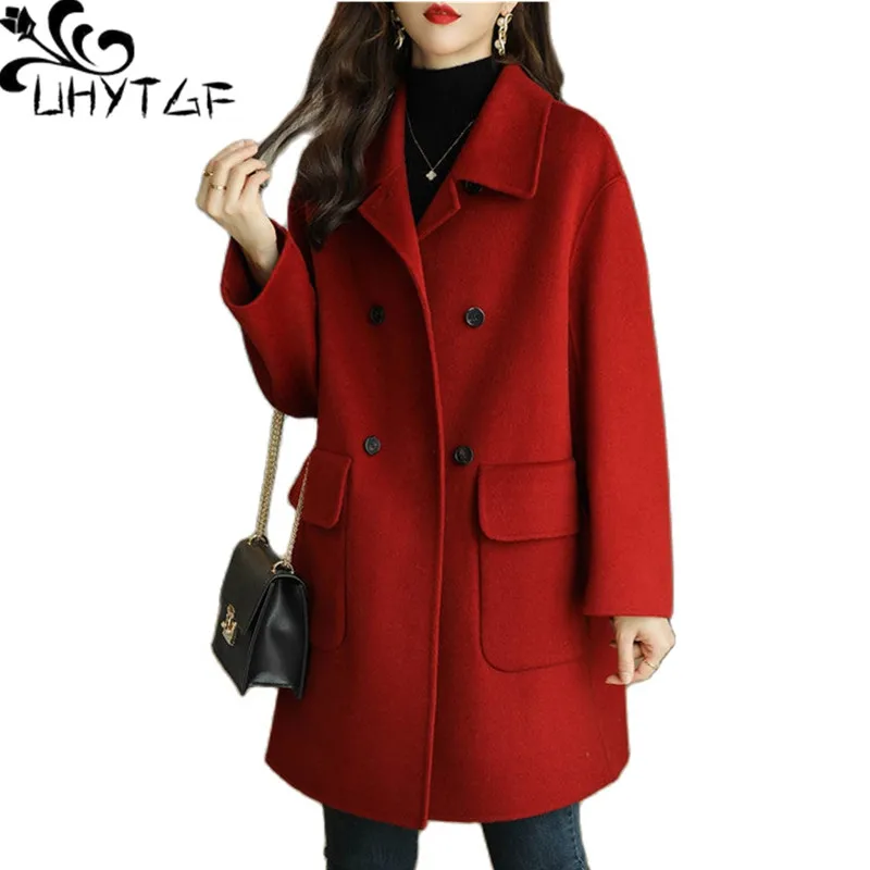 

UHYTGF Fashion Women's Coats Korean Double Breasted Slim Autumn Winter Woolen Jacket Female Casual Thin Overcoat Ladies 3XL 1815