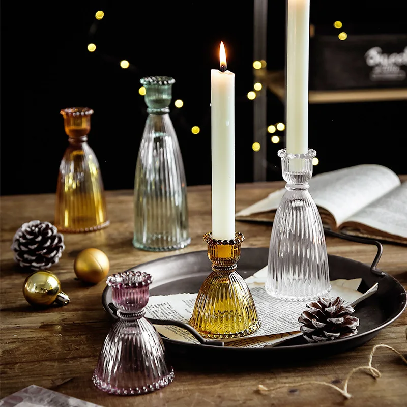 Glass Candle Holder Interior Ornaments Taper Candlestick for Home Decoration Clear Ribbed Glass Candle Stand