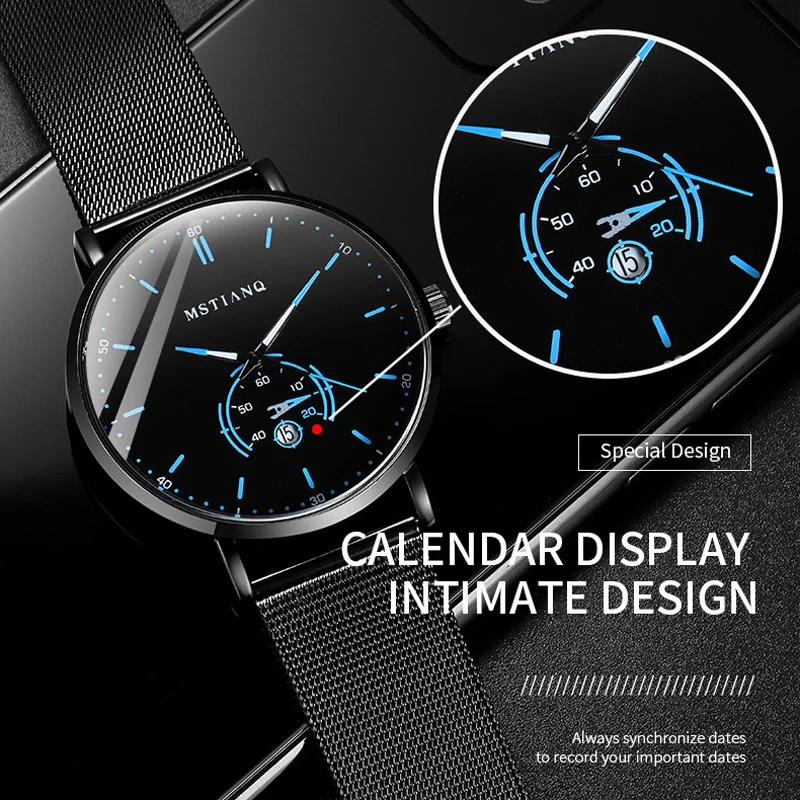 MSTIANQ-Montre de Marque Ultra-Mince pour Homme, Tendance Étudiant, Noir, Technologie, Calendrier, Quartz, Étanche, Affaires, Tournant Rapide, 2023